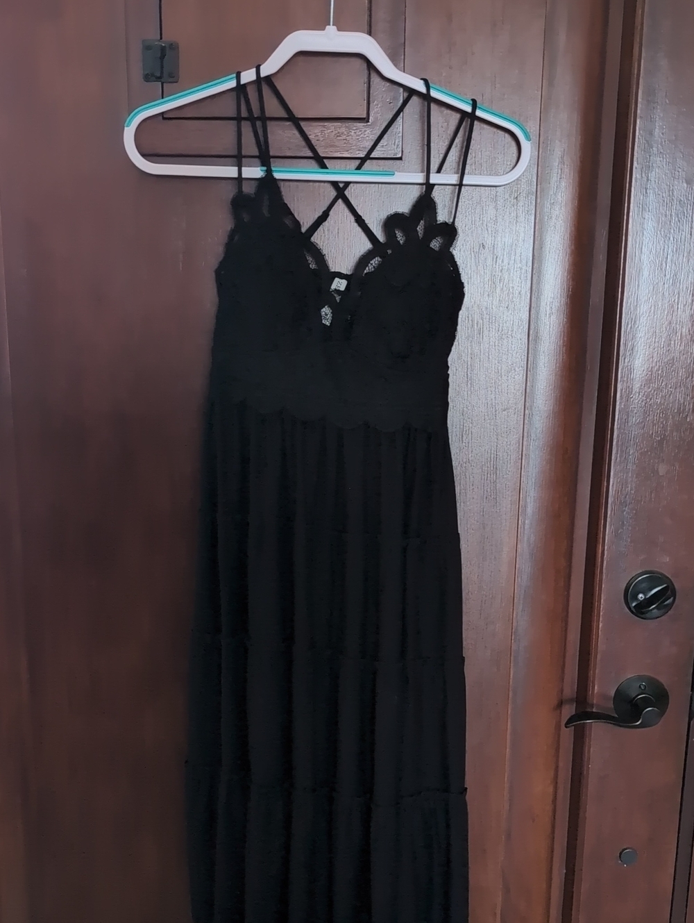 Zenana Outfitters Black Lace Maxi Dress with Crisscross Straps